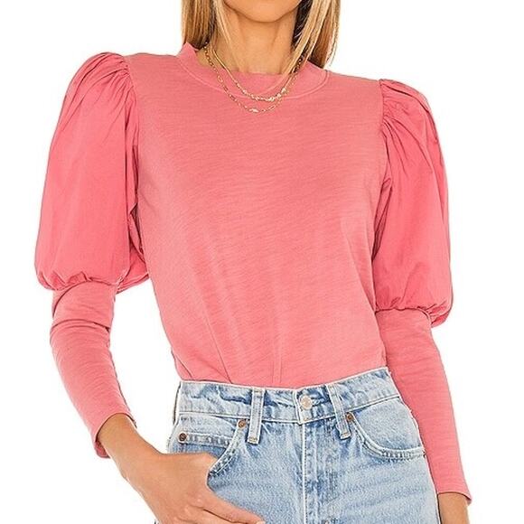 NATION LTD Top Size Small Daniella Combo Party Tee Puff Sleeve Cotton Geranium - Picture 3 of 15